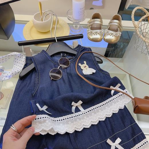 猴猴兔牛仔蕾丝边亲子套装软牛仔卡通玩偶 蝴蝶结娃娃蕾丝阔腿裤套装80-170 商品图3