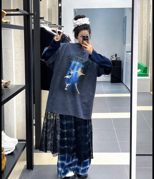 乌丫25飞碟吸猫图案拼接蕾丝T恤裙050802 商品图5