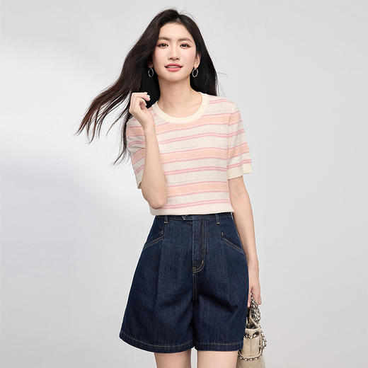 【专属特价】熙世界多巴胺条纹冰丝针织衫女夏季薄款2025年新款短袖绝美小上衣 商品图4