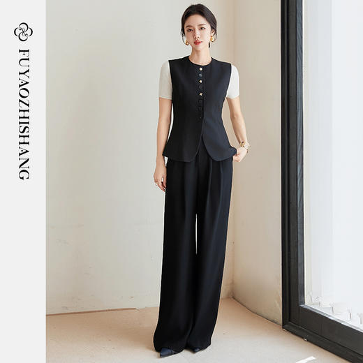 FUYAO扶摇 新中式时尚套装女黑色马甲无袖上衣高级感阔腿裤两件套 商品图3