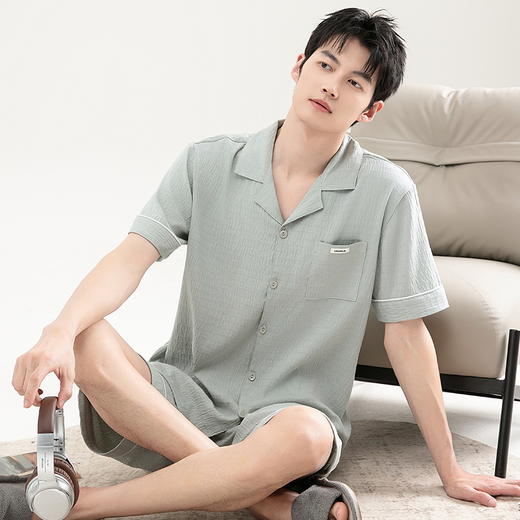 自然醒清风睡衣男士夏季薄款云朵棉开衫款休闲短袖短裤大码可外穿家居服套装QH 商品图6