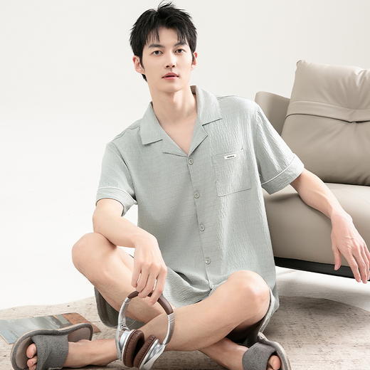 自然醒清风睡衣男士夏季薄款云朵棉开衫款休闲短袖短裤大码可外穿家居服套装QH 商品图5
