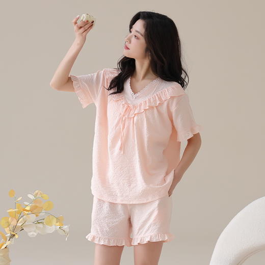 自然醒梵花云朵棉（带胸垫）睡衣女款夏季短袖短裤薄款花边甜美风女士家居服QH 商品图2