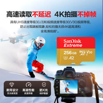 闪迪（SanDisk）256GB TF(MicroSD)内存卡 4K极速金卡A2 V30 U3行车记录仪 运动相机无人机 监控存储卡 读190MB/s 商品图1
