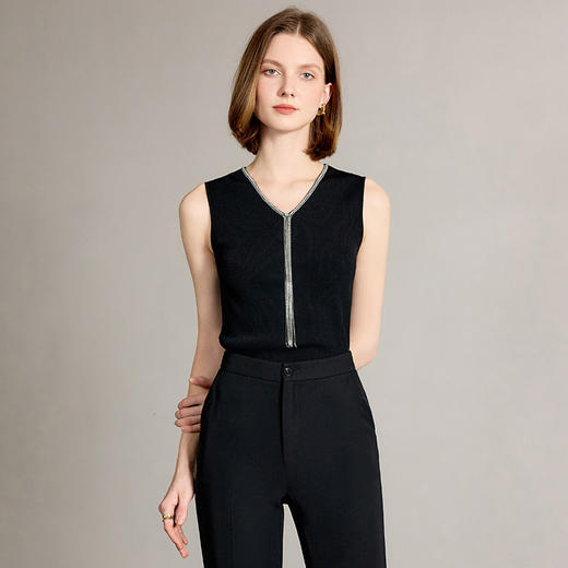 AD高端醋酸背心女夏季2025新款黑色无袖针织打底简约百搭流苏上衣 商品图0