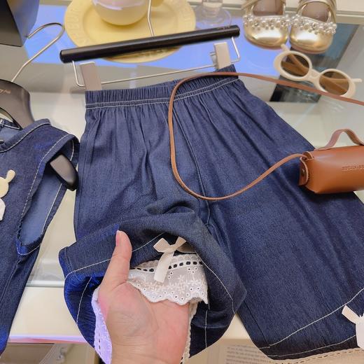 猴猴兔牛仔蕾丝边亲子套装软牛仔卡通玩偶 蝴蝶结娃娃蕾丝阔腿裤套装80-170 商品图2