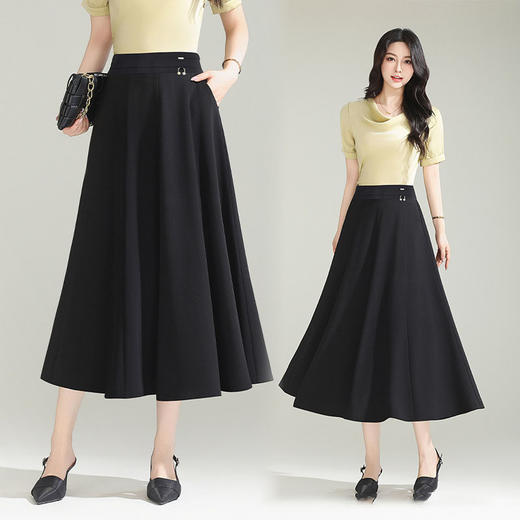 MYX-YGLR-M78-L垂坠感通勤百褶A字大摆裙2025夏季新款松紧腰休闲长裙黑色半身裙 商品图2