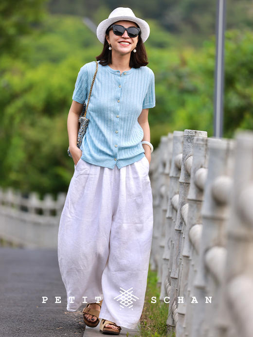 PETIT SCHAN小闪 CLO#798 deep breathing 身呼吸 纯亚麻松紧腰九分阔腿裤 商品图8