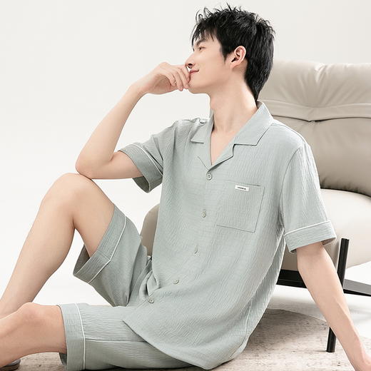 自然醒清风睡衣男士夏季薄款云朵棉开衫款休闲短袖短裤大码可外穿家居服套装QH 商品图4