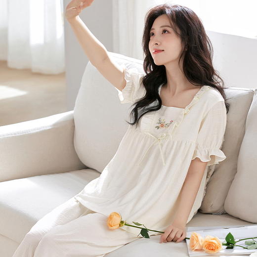自然醒月坞云朵棉睡衣女夏季（带胸垫）短袖七分裤可外穿夏天甜美家居服套装QH 商品图7