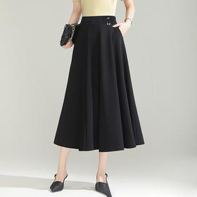 MYX-YGLR-M78-L垂坠感通勤百褶A字大摆裙2025夏季新款松紧腰休闲长裙黑色半身裙