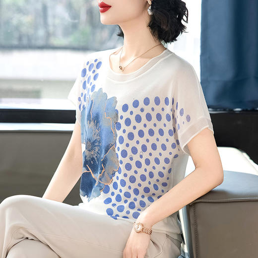 W018-8991-78-138洋气妈妈夏装短袖t恤针织小衫2025新款中老年女装高档冰丝薄上衣 商品图2