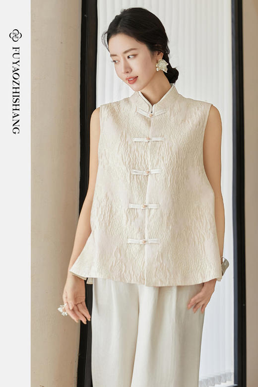 FUYAO扶摇 复古盘扣马甲女重工提花气质上衣新中式国风对襟开衫夏 商品图5