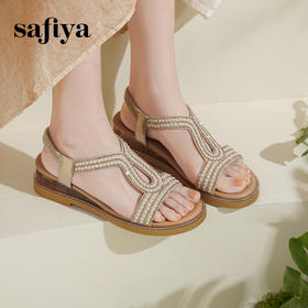 Safiya/索菲娅2025波西米亚闪钻珍珠露趾休闲坡跟罗马仙女鞋SFD2115349