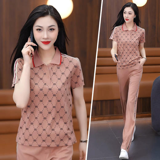 SP183-3092短袖运动套装女2025夏季新款时尚洋气花色显瘦长裤跑步休闲两件套 商品图0