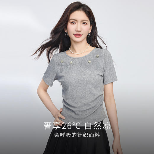 【专属特价】熙世界收腰正肩T恤女短袖钉珠圆领体恤2025夏新款独特超好看上衣 商品图1