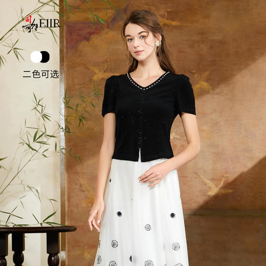 司歌v领弹力收腰短袖夏女上衣T911036x 商品图0