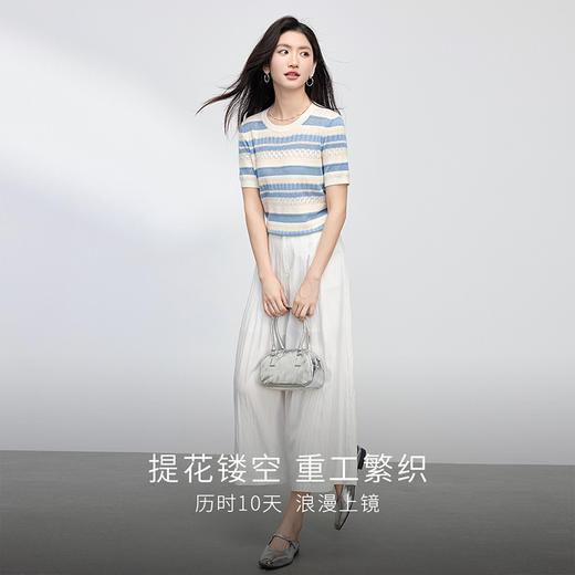 【夏季新品】熙世界法式撞色条纹镂空薄针织衫女短袖圆领冰丝上衣2025夏日新款 商品图4