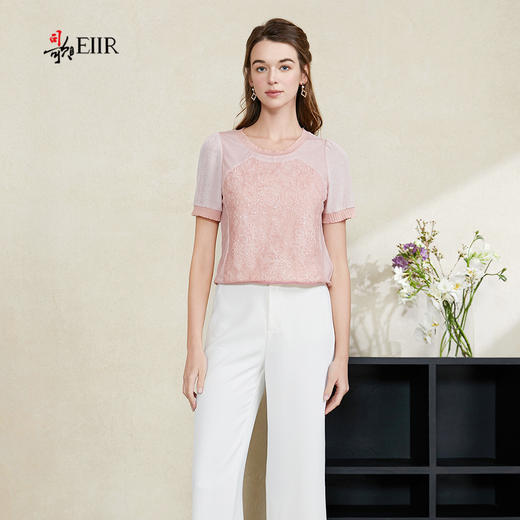 司歌醋酸拼接蕾丝针织短袖上衣女夏T911062y 商品图0