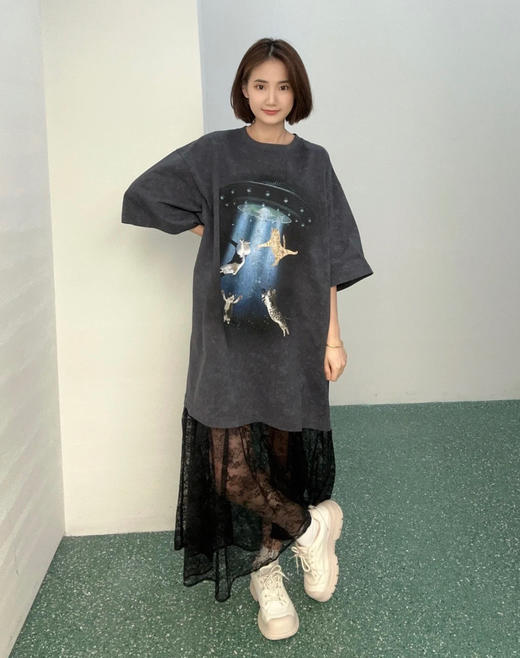 乌丫25飞碟吸猫图案拼接蕾丝T恤裙050802 商品图6