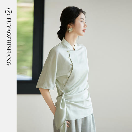 FUYAO扶摇【东方美学】国风斜襟小衫女2025新款轻奢醋酸提花衬衫 商品图4