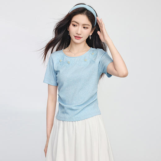 【专属特价】熙世界收腰正肩T恤女短袖钉珠圆领体恤2025夏新款独特超好看上衣 商品图2