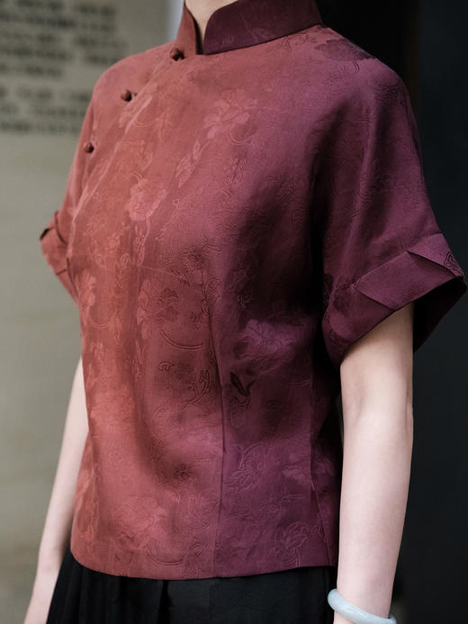 盛唐牡丹| 渐变色香云纱提花偏襟短袖上衣 商品图1