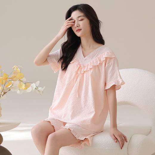 自然醒梵花云朵棉（带胸垫）睡衣女款夏季短袖短裤薄款花边甜美风女士家居服QH 商品图4