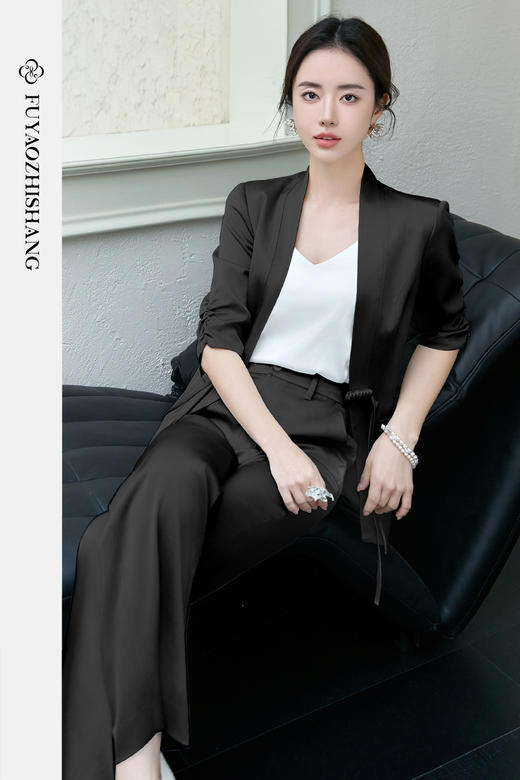 FUYAO扶摇 醋酸两件套女2025新款夏季时尚套装国风盘扣西装直筒裤 商品图5