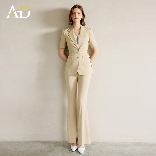 AD女士西装外套2025新款浅卡其色垂感西服套装高腰显瘦喇叭西裤夏 商品图2