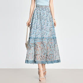 MYX-KDFY-S1930-L蕾丝边百褶修身蛋糕裙松紧腰休闲长款碎花裙2025年夏款高腰半身裙