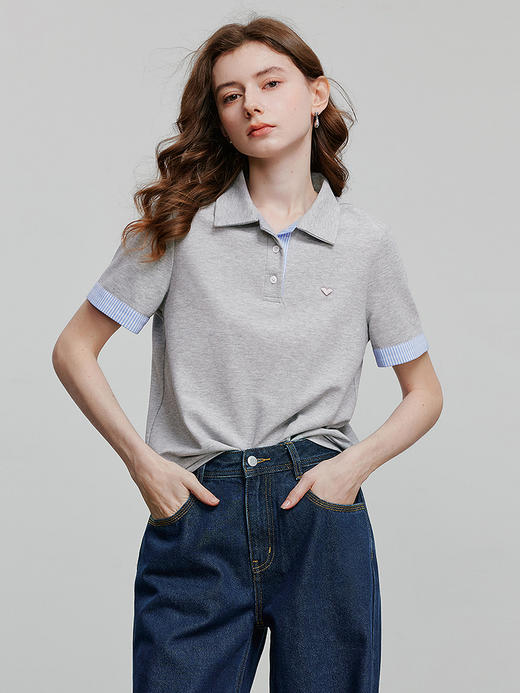 初语撞色条纹翻袖POLO衫女2025夏季新款珠地复古休闲小衫上衣 商品图2
