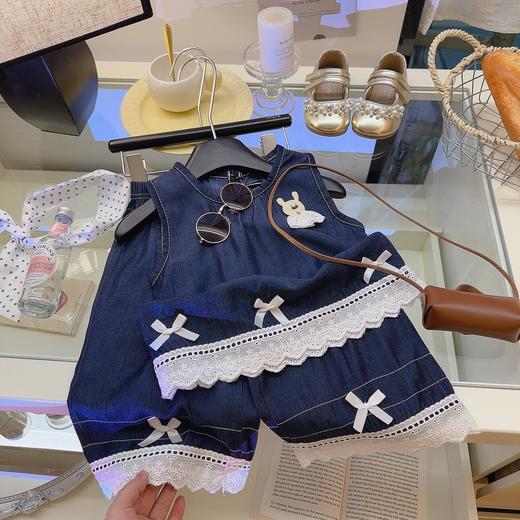 猴猴兔牛仔蕾丝边亲子套装软牛仔卡通玩偶 蝴蝶结娃娃蕾丝阔腿裤套装80-170 商品图4