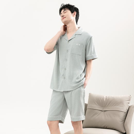 自然醒清风睡衣男士夏季薄款云朵棉开衫款休闲短袖短裤大码可外穿家居服套装QH 商品图2