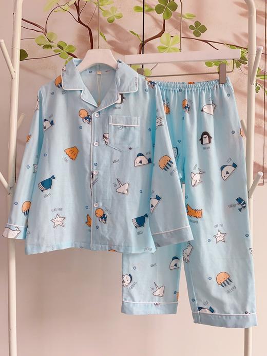 松植屋男童海底世界翻领纱布长袖睡衣套装 儿童100%全棉纱布家居服 商品图0