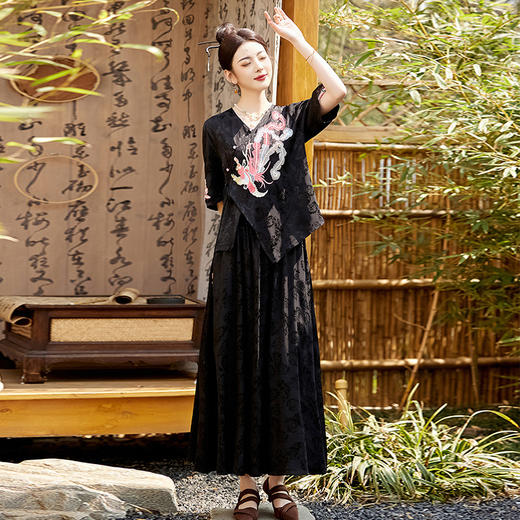 新中式刺绣套装女2025夏季新款时尚显瘦改良汉服旗袍半身裙两件套HR-YBER110 商品图2