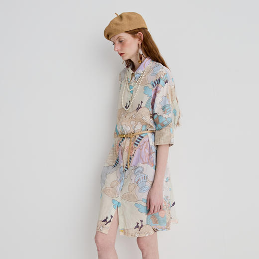 谜底衬衫裙分袖女2025夏新品复古风度假印花宽松连衣裙252ML0631 商品图1