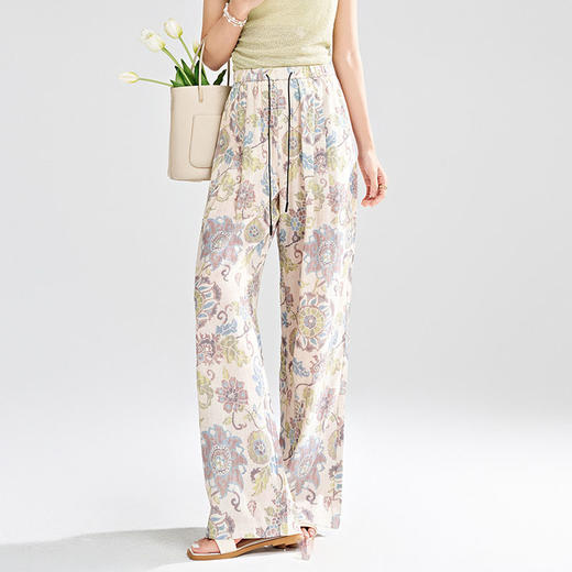 MYX-KDFY-S1965-L薄款透气时尚休闲长裤2025年夏款松紧腰印花垂感直筒裤窄版阔腿裤 商品图1