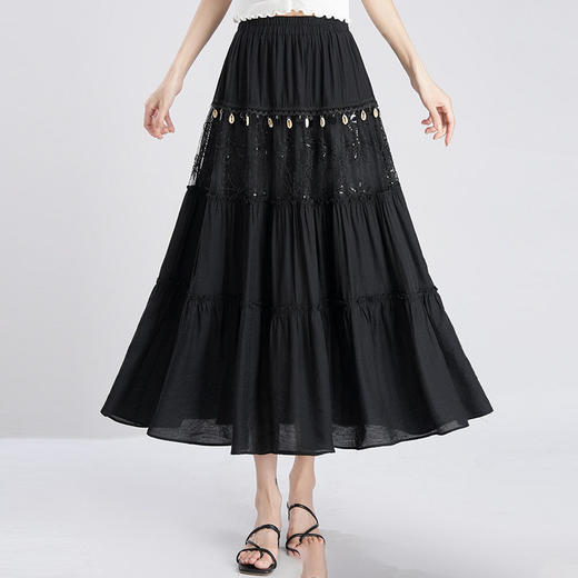 MYX-PH-19112-L垂坠感百褶拼接洋气蛋糕裙松紧腰休闲长裙夏季新款长款时尚半身裙 商品图0