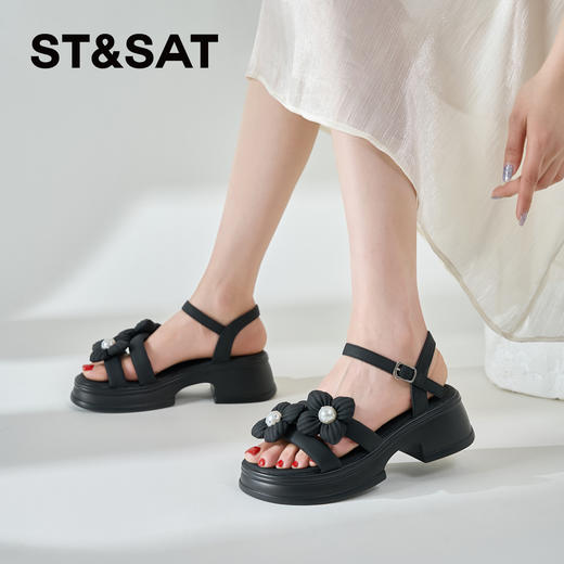 星期六花朵珍珠一字带沙滩厚底凉鞋SSD2115CRK 商品图2