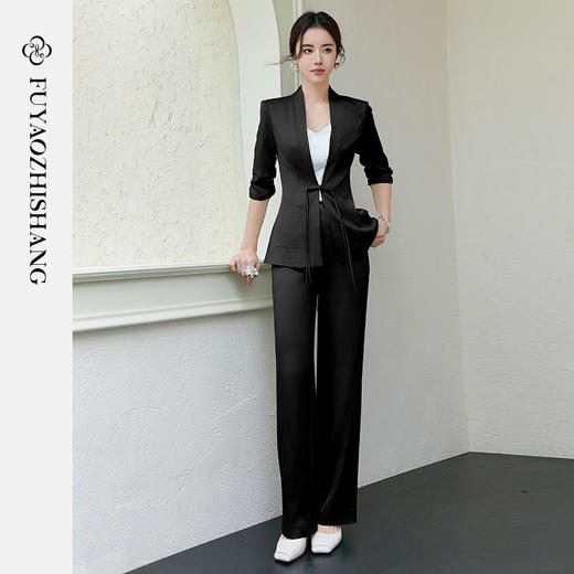 FUYAO扶摇 醋酸两件套女2025新款夏季时尚套装国风盘扣西装直筒裤 商品图2