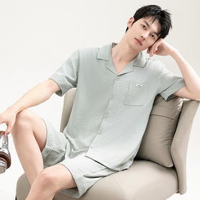 自然醒清风睡衣男士夏季薄款云朵棉开衫款休闲短袖短裤大码可外穿家居服套装QH