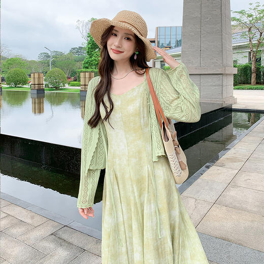 奢姿大码女装夏季胖妹妹镂空针织衫吊带小V领清新套装连衣裙9952953216AB 商品图1