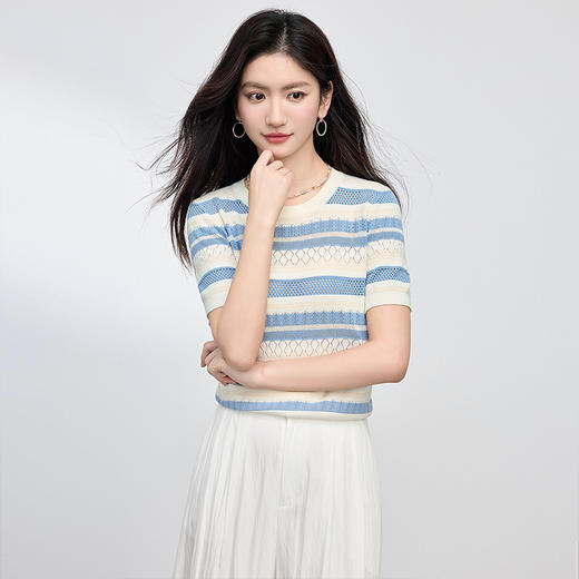 【夏季新品】熙世界法式撞色条纹镂空薄针织衫女短袖圆领冰丝上衣2025夏日新款 商品图2