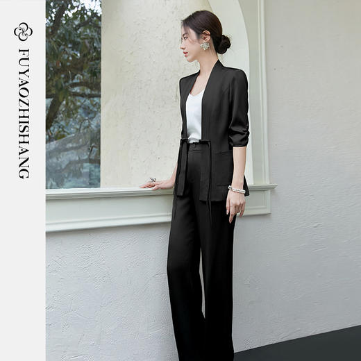 FUYAO扶摇 醋酸两件套女2025新款夏季时尚套装国风盘扣西装直筒裤 商品图3