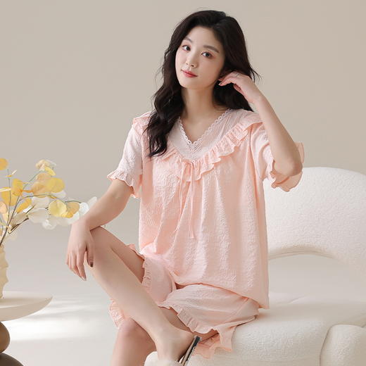 自然醒梵花云朵棉（带胸垫）睡衣女款夏季短袖短裤薄款花边甜美风女士家居服QH 商品图6