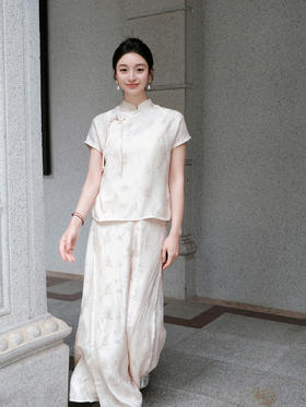 盛唐牡丹 |桃花源香槟色真丝提花上衣