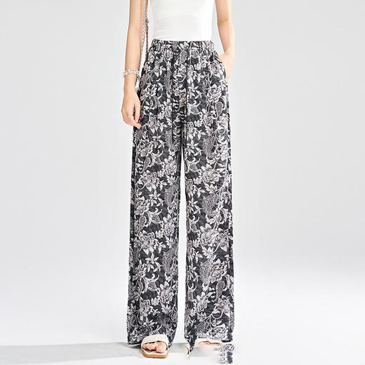 MYX-KDFY-S1962-L印花薄款透气宽松休闲阔腿长裤2025年夏款松紧腰垂坠感显瘦直筒裤 商品图0