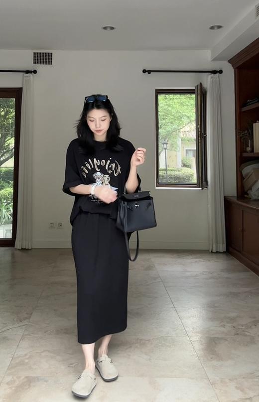 小狗印花休闲宽松显瘦短袖T恤＋松紧腰半身裙一套 商品图11