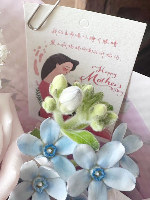 插花泥花束 曼塔玫瑰五支 木绣球一朵，兰星花两支，翠竹四支，粉康，粉色迷你太阳花1支，洋甘菊喷泉草搭配。花束高40厘米，宽25厘米。 商品图3